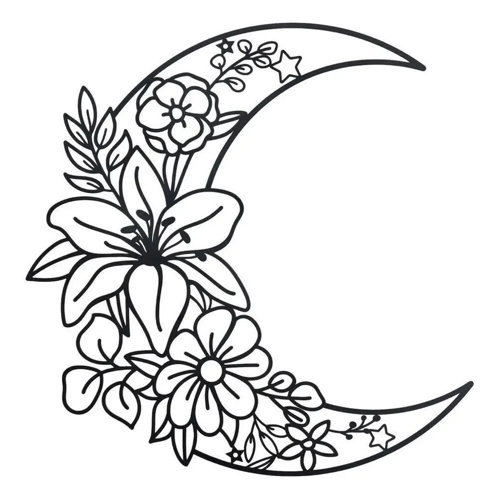 Black Metal Crescent Moon Stars Floral Lily Wall Decoration